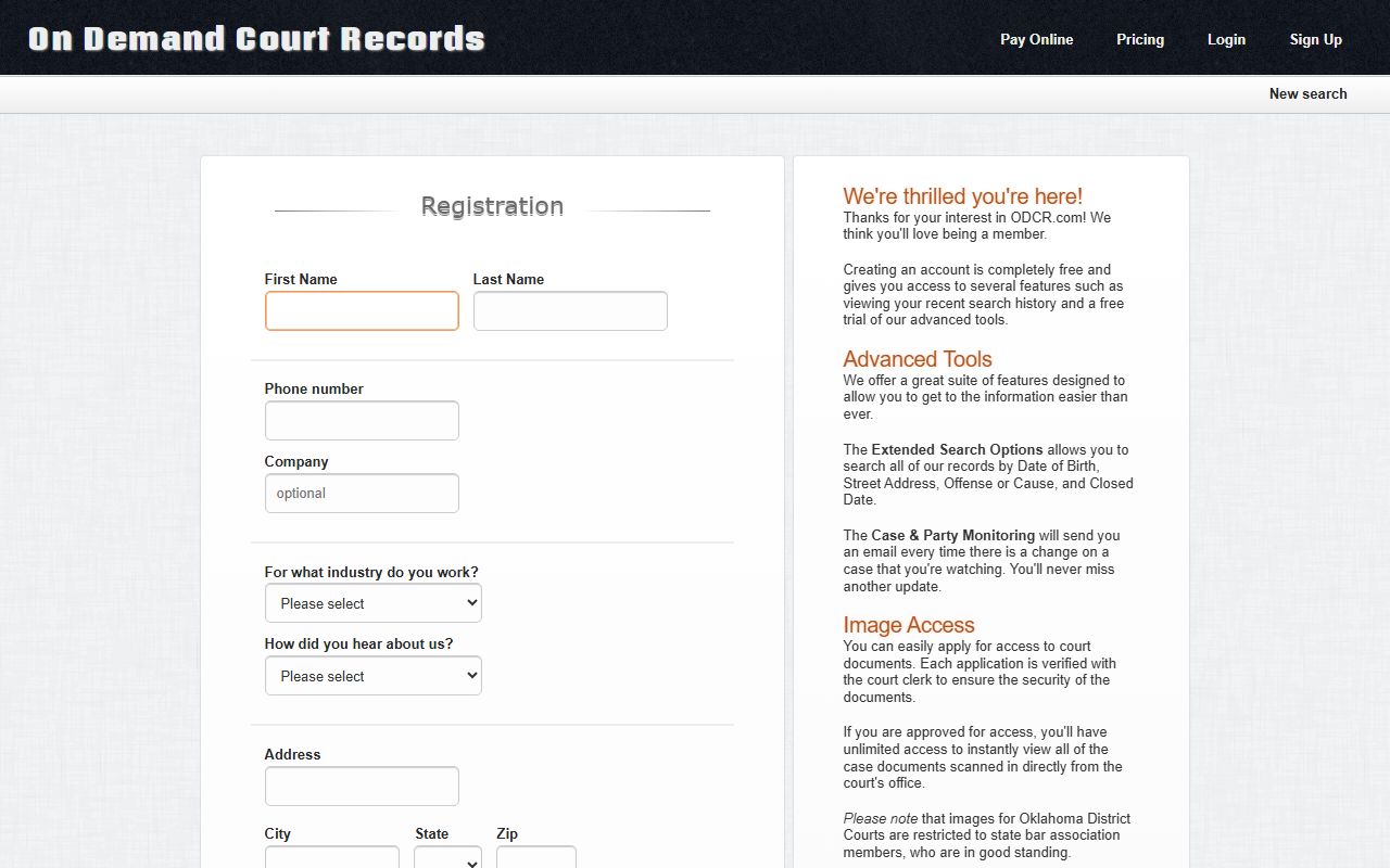 ODCR registration page for Oklahoma court records access
