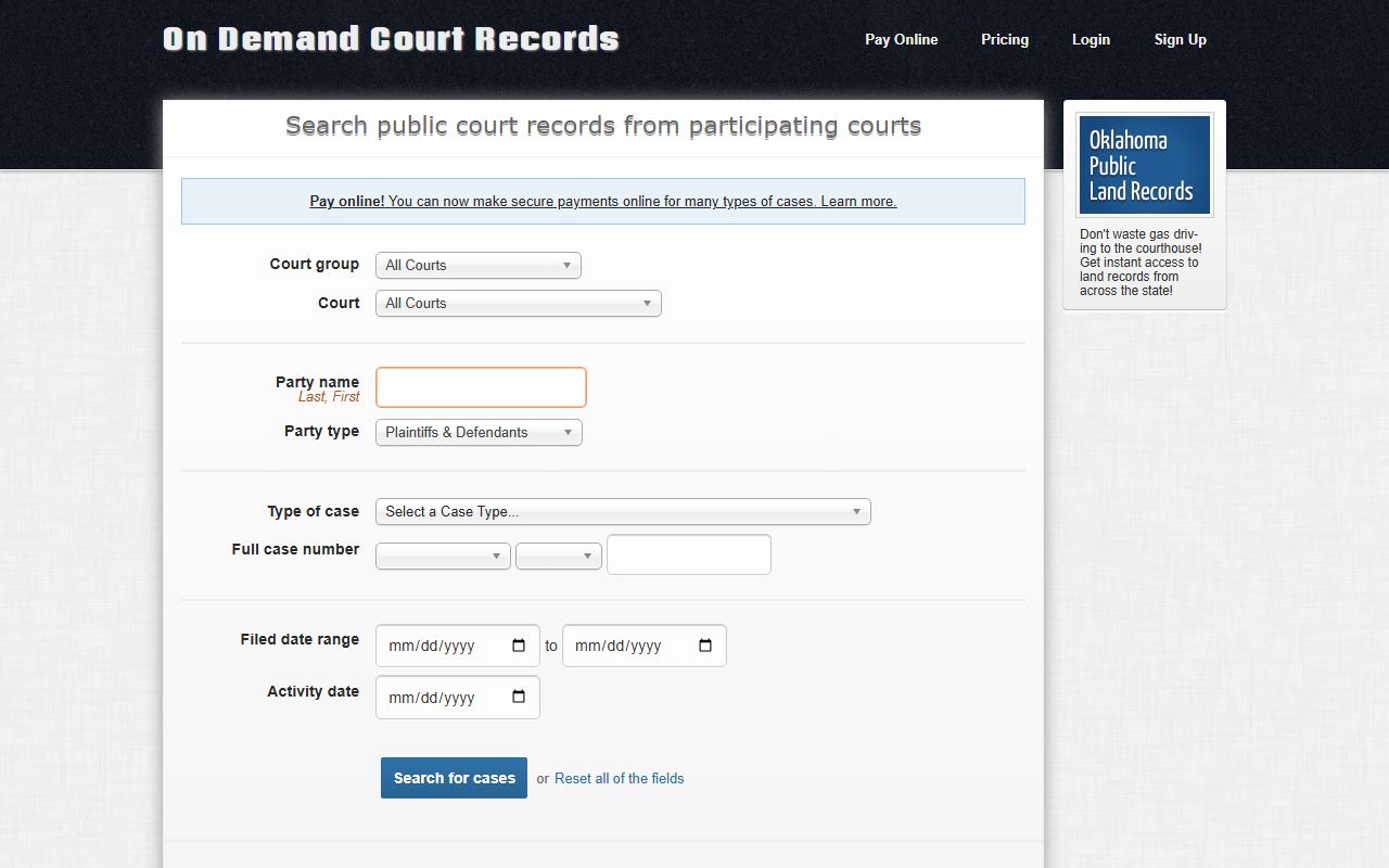 On Demand Court Records search for Oklahoma court records