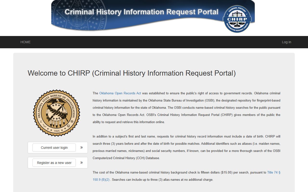 OSBI CHIRP portal for Oklahoma criminal history court records